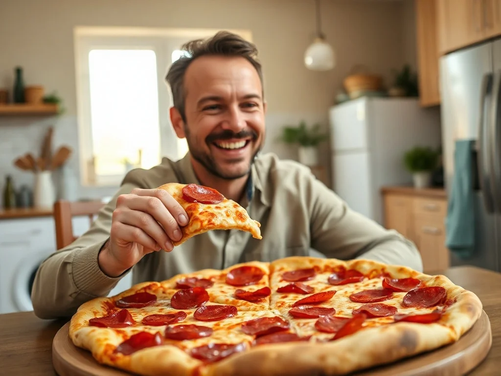 Mężczyzna z apetytem je pizzę przy kuchennym stole, ilustrując ideę cheat mealu w zbilansowanej diecie.